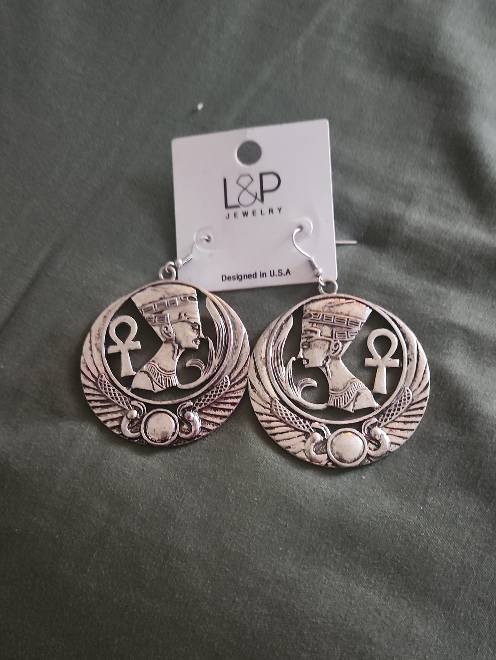 Silver-Tone Egyptian Nefertiti Ankh Drop Earrings